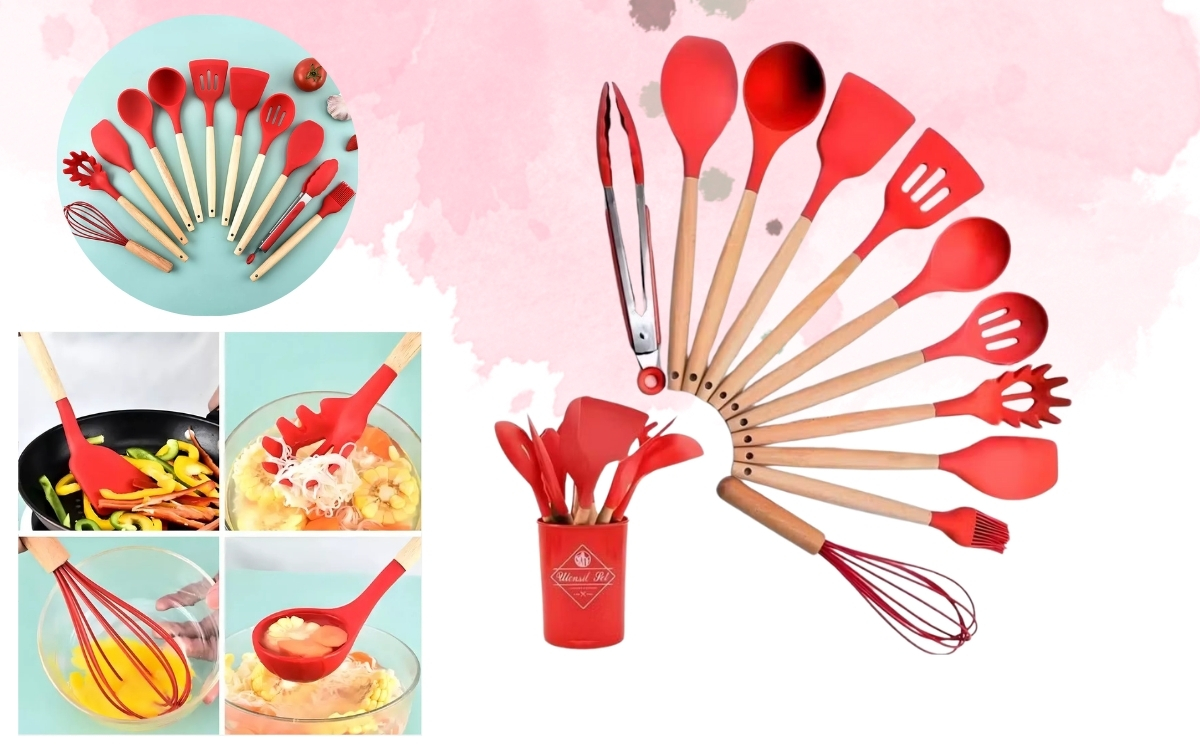 Kit 12 Utensílios De Cozinha Em Silicone E Cabo De Madeira